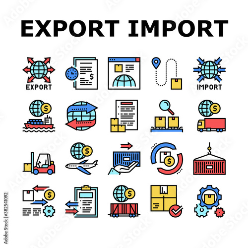 Export Import Logistic Collection Icons Set Vector. Export And Import Airplane And Truck, Train And Ship Transportation, Conveyor And Container Concept Linear Pictograms. Color Contour Illustrations