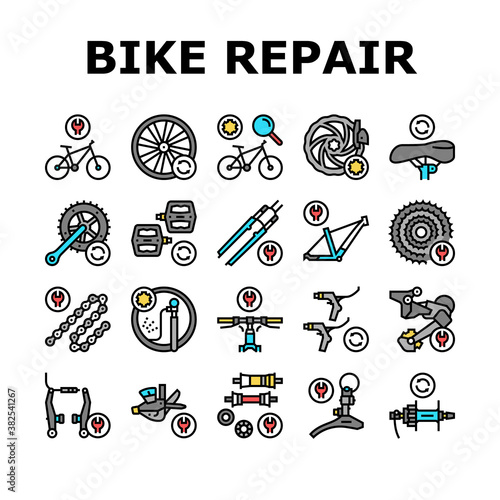 Bike Repair Service Collection Icons Set Vector. Complex Bike Repair And Setting, Research And Fix Broken Details, Cogset And Pedals Replacement Concept Linear Pictograms. Color Contour Illustrations