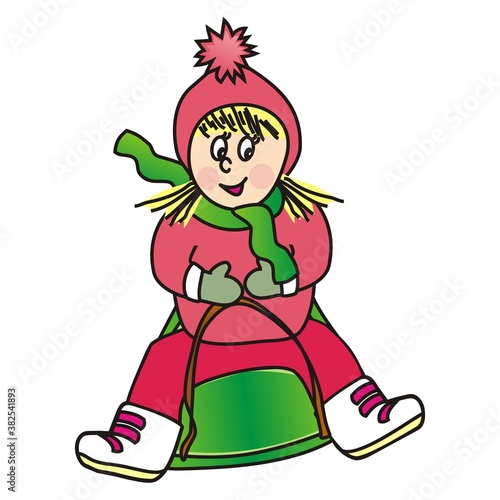 girl, bobsledding, winter sport, vector illustration