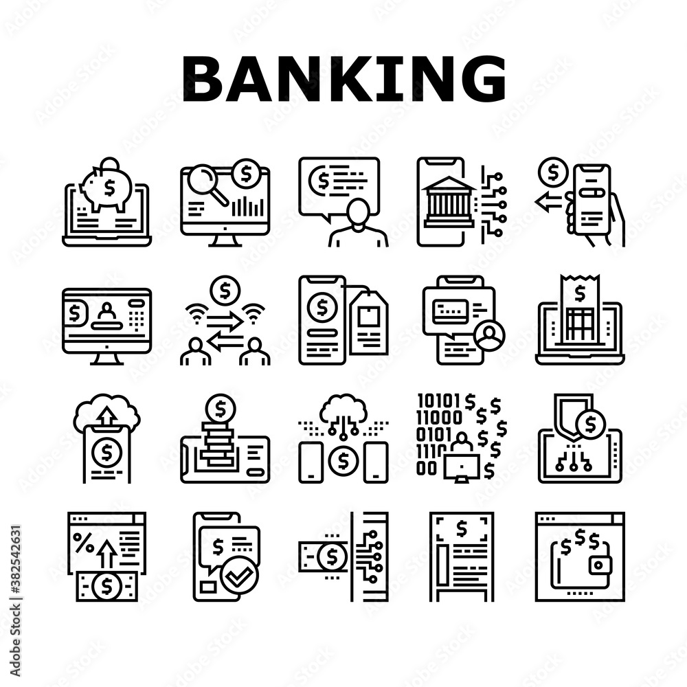Online Banking Finance Collection Icons Set Vector. Online Banking Payment And Bank Account, Electronic Money And Wallet, Purchase Report Discharge Black Contour Illustrations