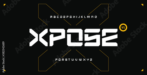 Futuristic abstract modern techno font, abstract geometric sci fi bold display letter set, stencil clean stencil monospaced xpose typeface