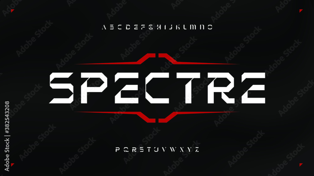 Futuristic modern techno sci fi display font, abstract clean geometric mech letter set spectre typeface