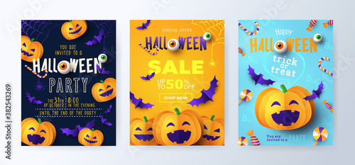 Halloween Party invitations, greeting cards, or posters Set with calligraphy, cutest pumpkins, bats, spiders and candy. Design template for Sale, advertising, web, social media. Paper cut style