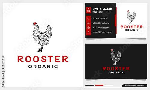 hand drawn Chicken / rooster vintage logo design with business card template