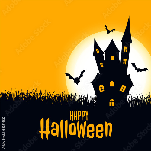 Happy halloween scary card castle with moon and bats