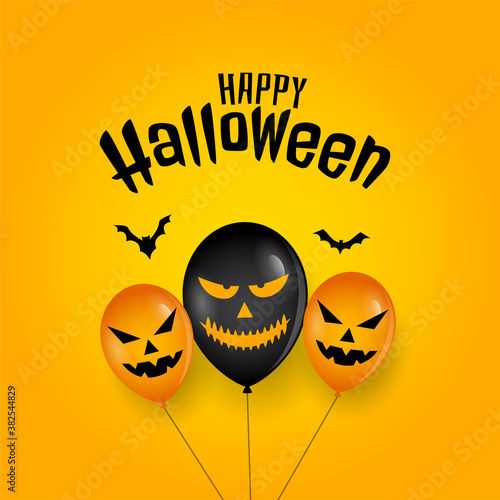 Scary balloon and bats on happy halloween card