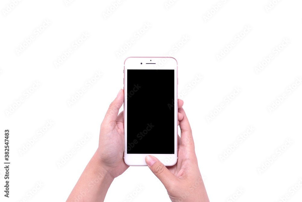 woman hand using white phone with isolated screen. woman hand using white phone with isolated screen.