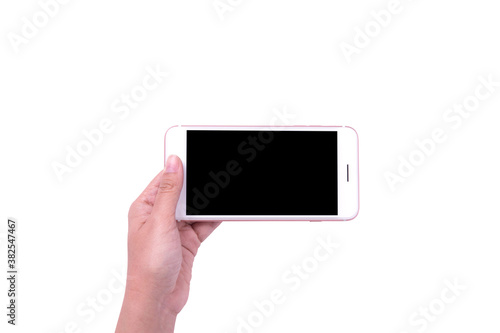 woman hand using white phone with isolated screen.