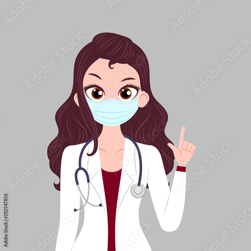 Young lady doctor character wearing medical mask with stethoscope