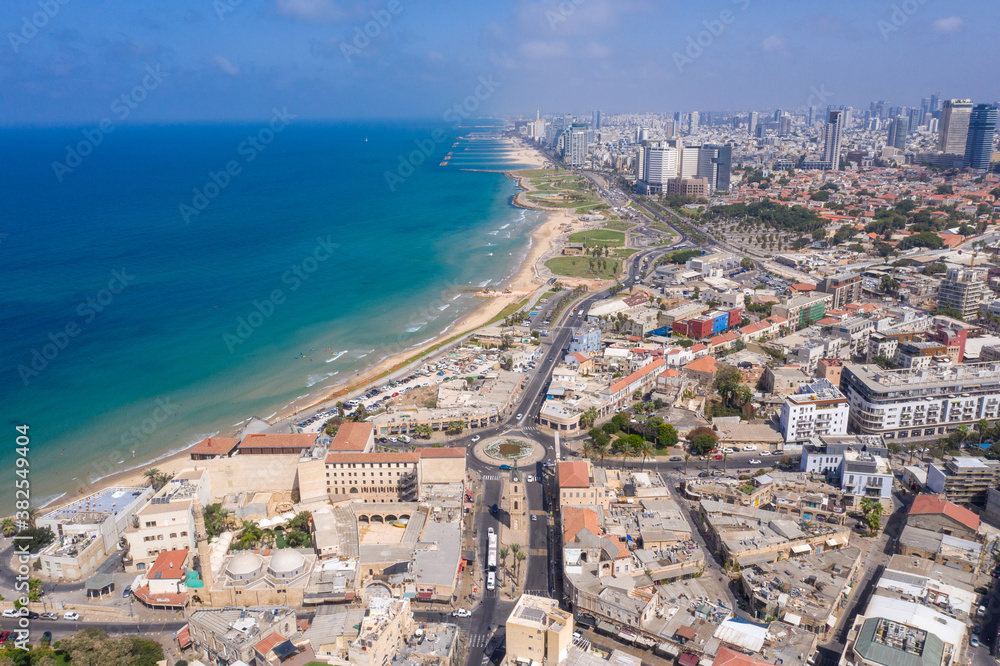 Tel Aviv skyline seen from Old Jaffa, Aerial view.
