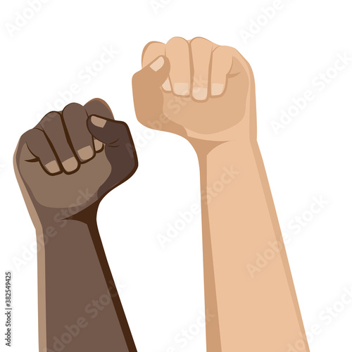Demonstration, revolution, protest raised. Clenched fist held in protest. Symbol of freedom, fight, revolution, unity,