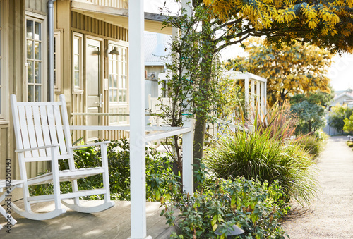 Garden Pathway in row of tiny home cottages photo