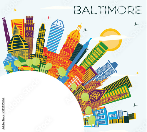 Baltimore USA Maryland City Skyline with Color Buildings  Blue Sky and Copy Space.