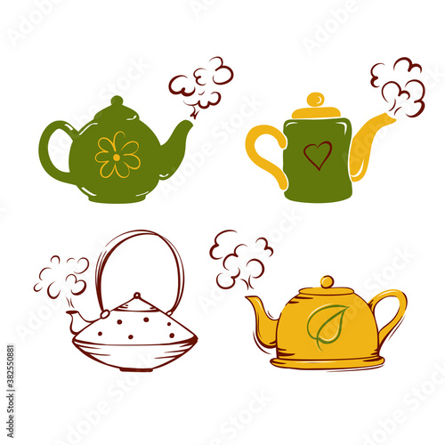 Vector cozy set of teapots. Hugge. Isolated background.
