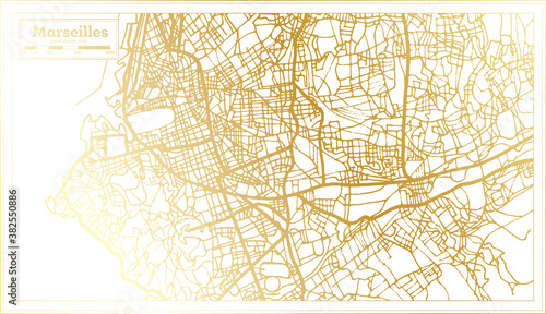 Marseilles France City Map in Retro Style in Golden Color. Outline Map.