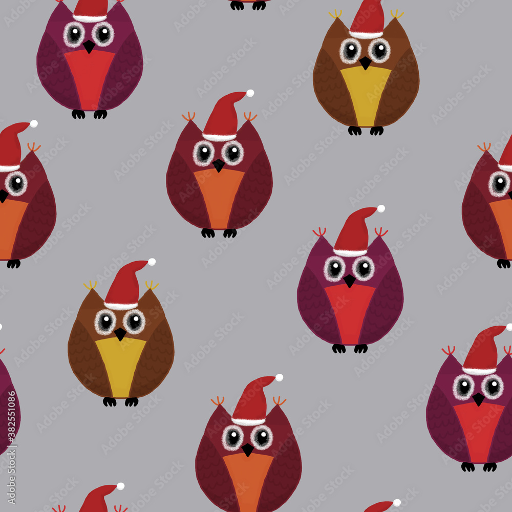 Fototapeta premium New Year seamless pattern with owls on a gray background
