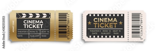 Cinema ticket to movie set. Old retro vintage entry coupons. Film theater industry concept vector illustration. Entertainment and modern performance art. Card archival design