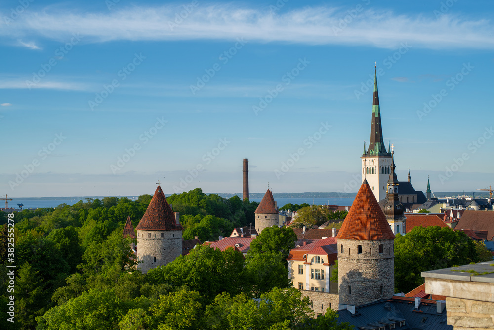 Afternoon view overlooking the medieval walled city of Tallinn Estonia on an early summer day in the Baltics region of Northern Europe.