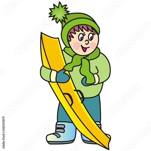 boy and bobsled, winter sport, vector illustration
