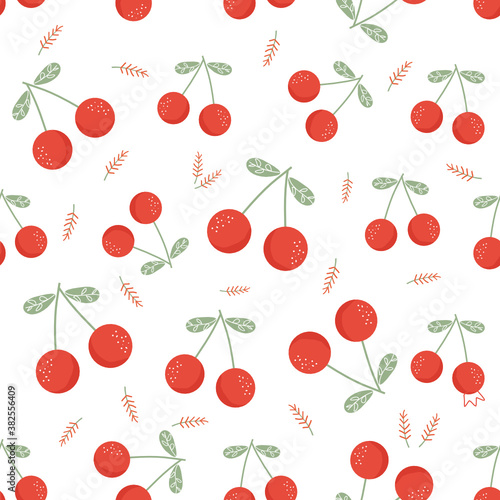 Cherry fruit seamless pattern with green leaves on white background vector illustration. Cute pattern print.