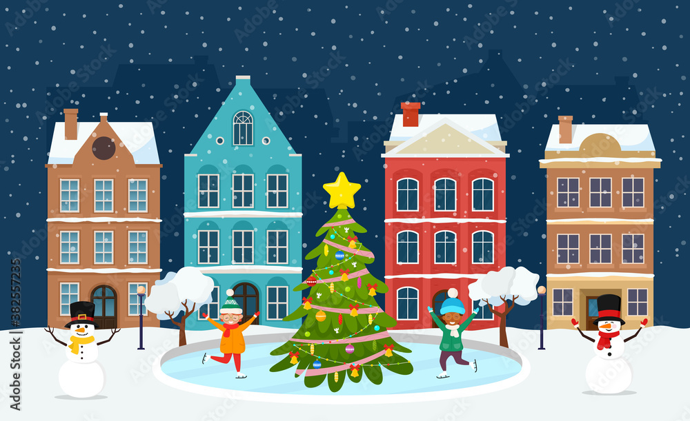 Christmas landscape with night old town and christmas tree. Children skating on ice rink around decorated fir tree. Vector illustration for holiday Xmas and New Year.