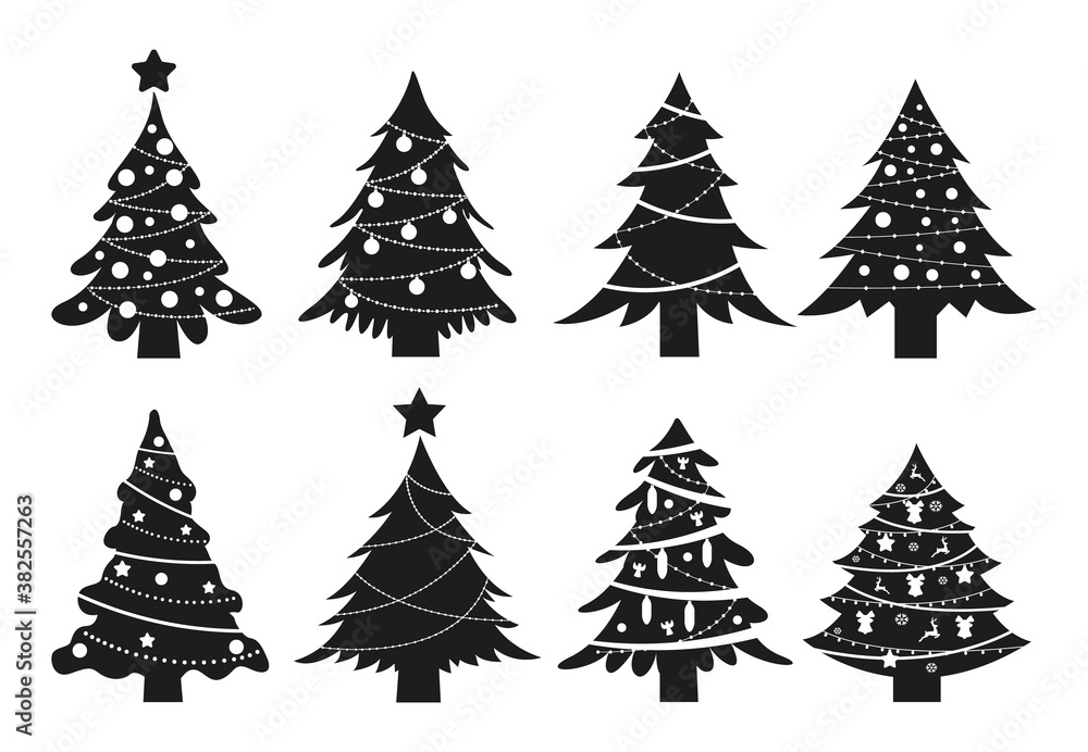 Christmas trees silhouette set isolated on white background. Black symbol winter trees collection with garlands for holiday xmas and new year. Vector illustration.
