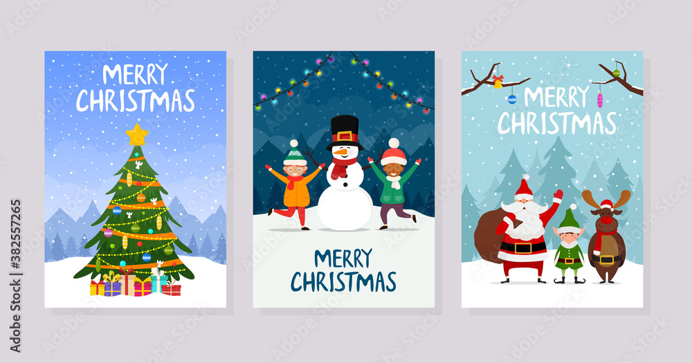Christmas greeting cards or party invitations. Set of posters with christmas tree, santa claus and kids. Vector illustration for holiday xmas and new year. Christmas greeting cards or party invitations. Set of posters with christmas tree, santa claus and kids. Vector illustration for holiday xmas and new year.