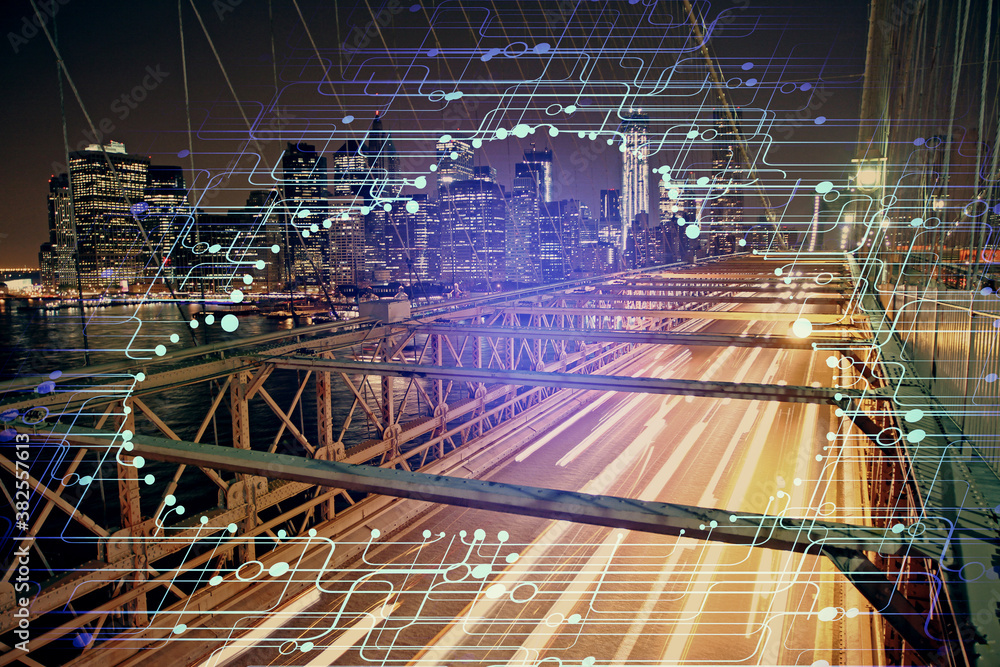 Obraz premium Data theme hologram drawing on city view with skyscrapers background double exposure. Ai concept.