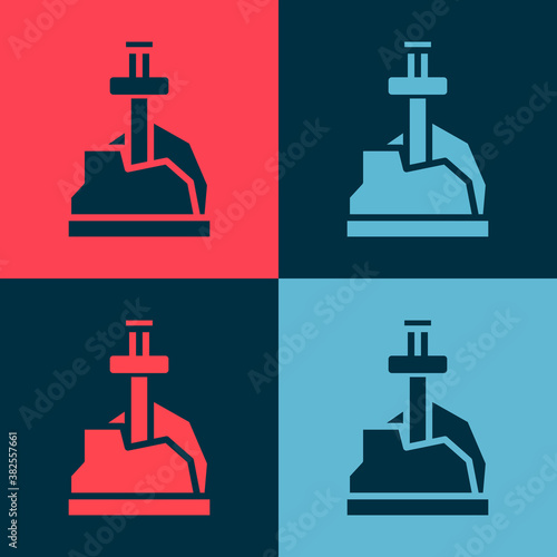 Pop art Sword in the stone icon isolated on color background. Excalibur the sword in the stone from the Arthurian legends. Vector.