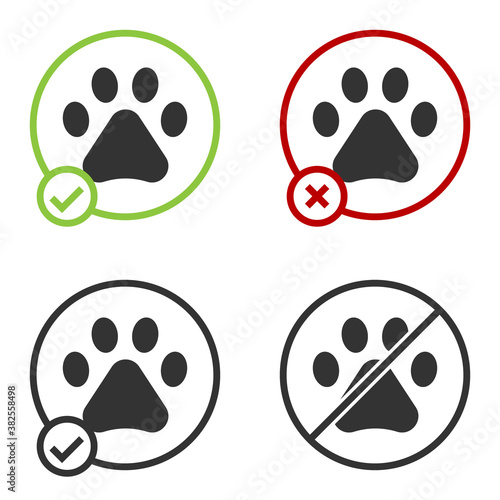 Black Paw print icon isolated on white background. Dog or cat paw print. Animal track. Circle button. Vector.