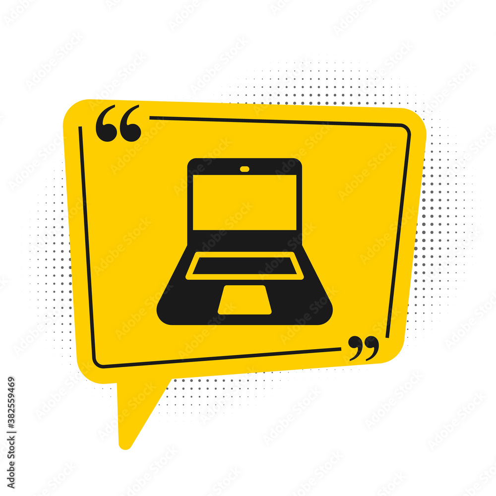 Obraz premium Black Laptop icon isolated on white background. Computer notebook with empty screen sign. Yellow speech bubble symbol. Vector.