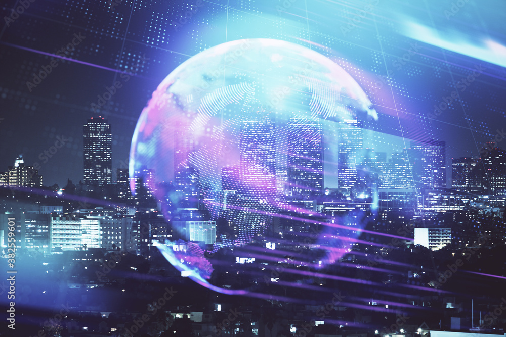 custom made wallpaper toronto digitalDouble exposure of technology theme hologram and cityscape background. Concept of Hightech.