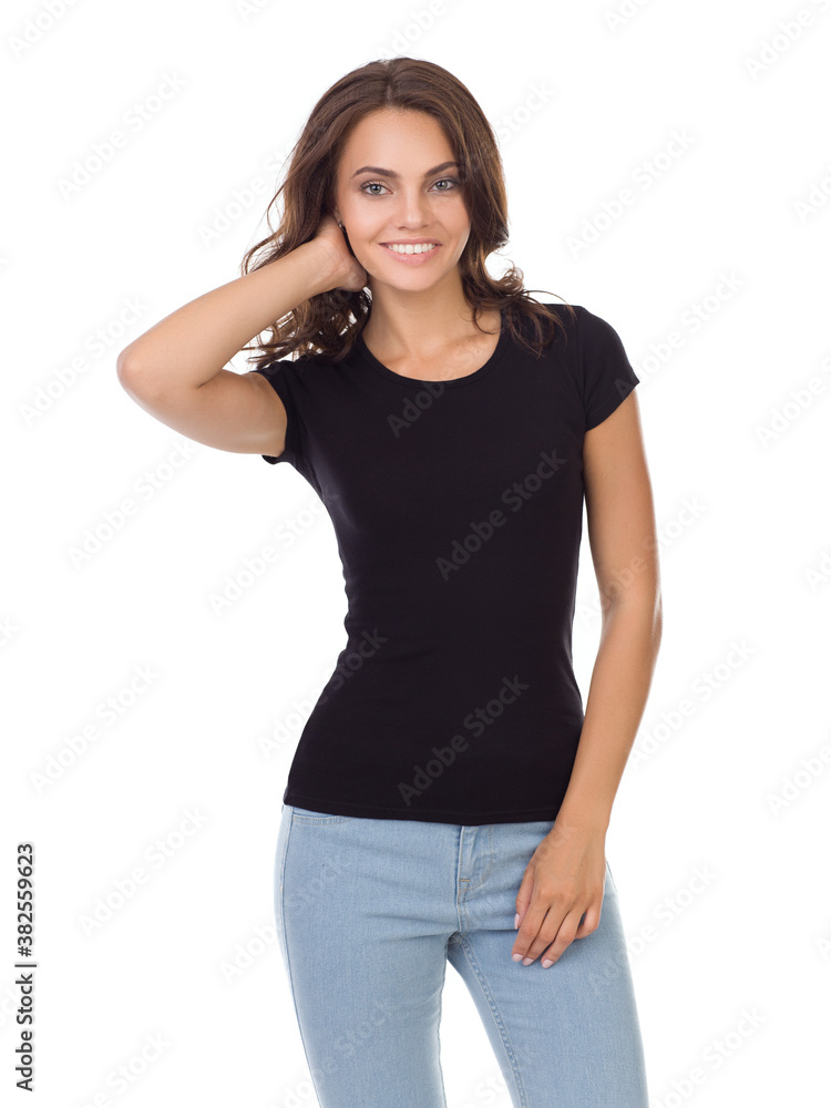 Beautiful girl in a black t-shirt. Black t-shirt template Beautiful girl in a black t-shirt. Black t-shirt template