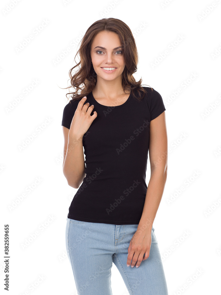 Beautiful girl in a black t-shirt. Black t-shirt template Beautiful girl in a black t-shirt. Black t-shirt template