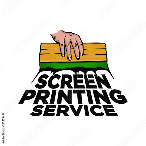 screen printing silk with hand holding squeegee logo design inspiration, Design element for logo, poster, card, banner, emblem, t shirt. Vector illustration