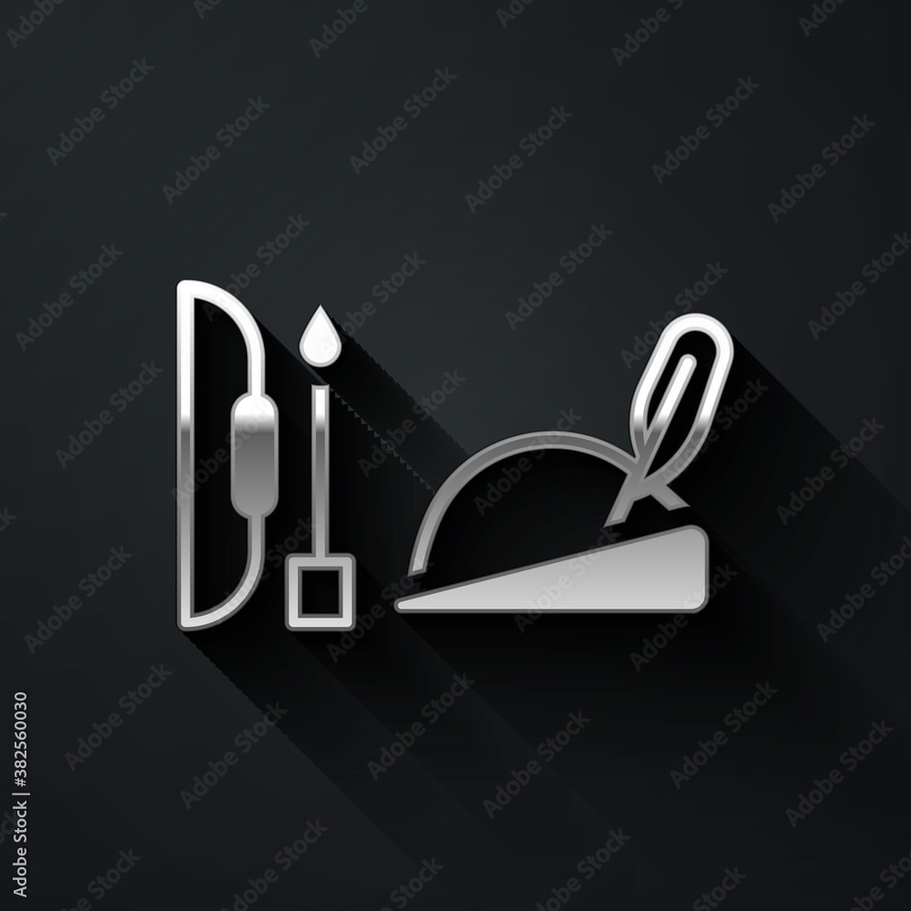 Silver Robin hood hat with feather, bow and arrow icon isolated on black background. Long shadow style. Vector. Silver Robin hood hat with feather, bow and arrow icon isolated on black background. Long shadow style. Vector.