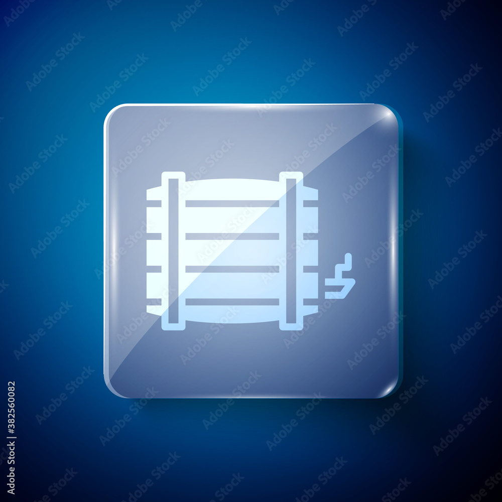 White Wooden barrel icon isolated on blue background. Alcohol barrel, drink container, wooden keg for beer, whiskey, wine. Square glass panels. Vector. White Wooden barrel icon isolated on blue background. Alcohol barrel, drink container, wooden keg for beer, whiskey, wine. Square glass panels. Vector.