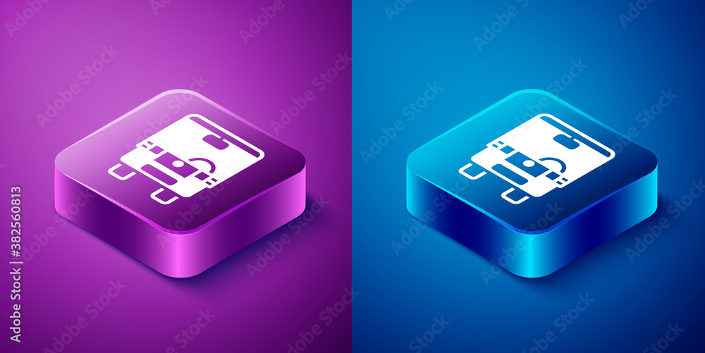 Isometric Bus icon isolated on blue and purple background. Transportation concept. Bus tour transport sign. Tourism or public vehicle symbol. Square button. Vector.