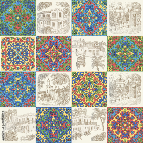 Seamless patchwork pattern of mosaic tiles in Talavera majolica ceramic style and doodle sketch of Mexican street. Wallpaper checkered décor, batik textile print, wrapping paper
