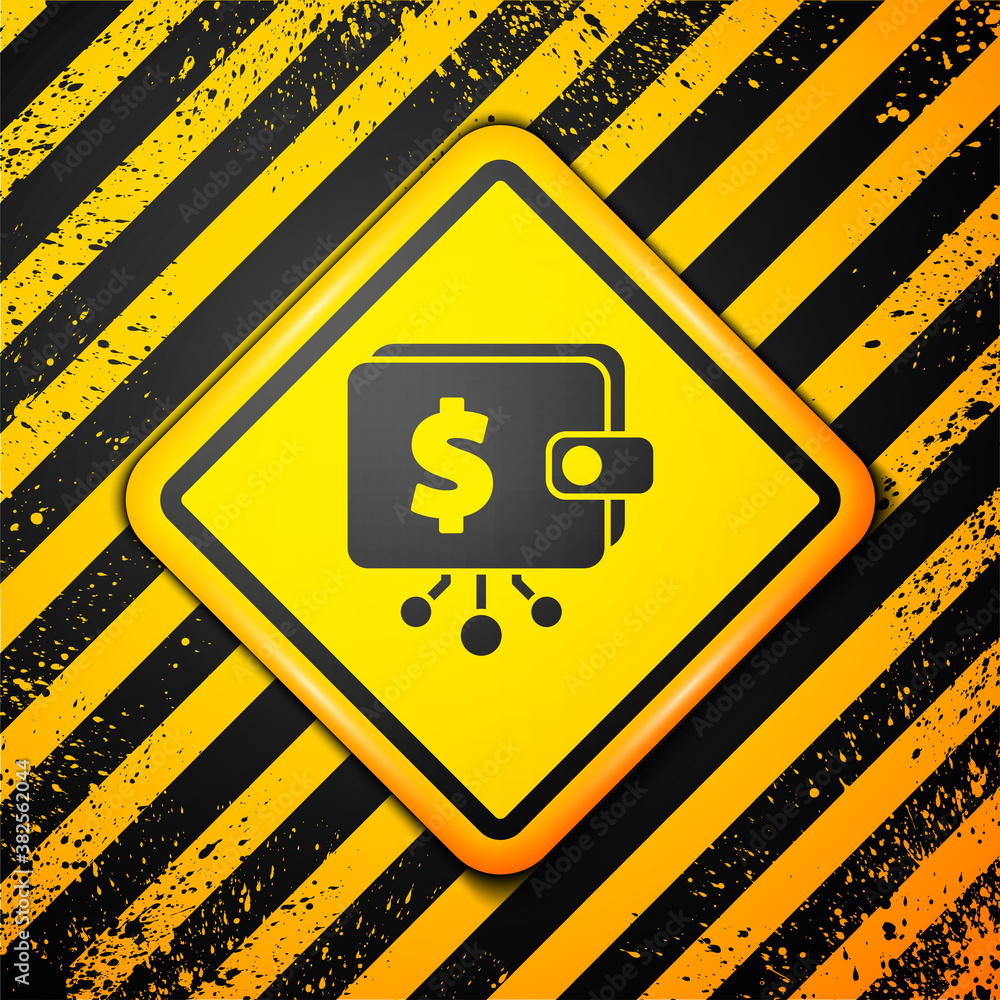 Black Cryptocurrency wallet icon isolated on yellow background. Wallet and bitcoin sign. Mining concept. Money, payment, cash, pay icon. Warning sign. Vector. Black Cryptocurrency wallet icon isolated on yellow background. Wallet and bitcoin sign. Mining concept. Money, payment, cash, pay icon. Warning sign. Vector.