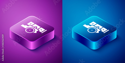 Isometric Cannon icon isolated on blue and purple background. Square button. Vector.