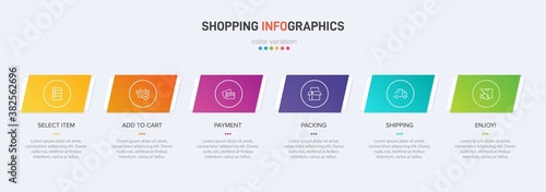 Concept of shopping process with 6 successive steps. Six colorful graphic elements. Timeline design for brochure, presentation, web site. Infographic design layout.