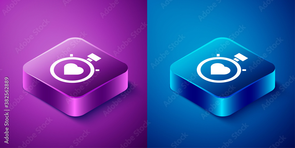 Isometric Heart in the center stopwatch icon isolated on blue and purple background. Valentines day. Square button. Vector. Isometric Heart in the center stopwatch icon isolated on blue and purple background. Valentines day. Square button. Vector.