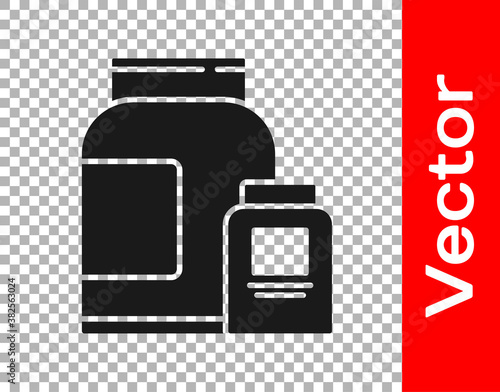 Black Sports nutrition bodybuilding proteine power drink and food icon isolated on transparent background. Vector.