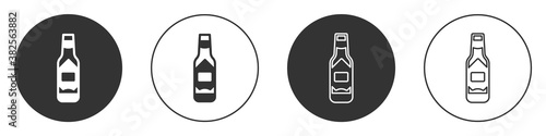 Black Tabasco sauce icon isolated on white background. Chili cayenne spicy pepper sauce. Circle button. Vector.