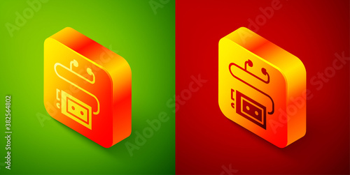 Isometric Museum audio guide icon isolated on green and red background. Headphones for excursions. Square button. Vector.