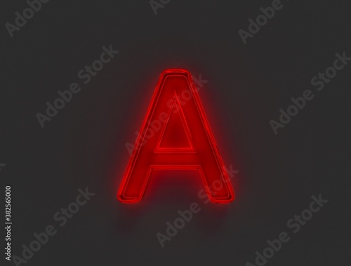 Red polished neon light glow glassy font - letter A isolated on grey, 3D illustration of symbols