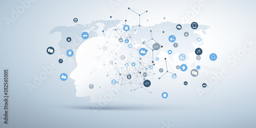 Machine Learning, Artificial Intelligence, Cloud Computing and IoT Networks Design Concept with Human or Robot Face Silhouette, Icons, World Map and Network Mesh