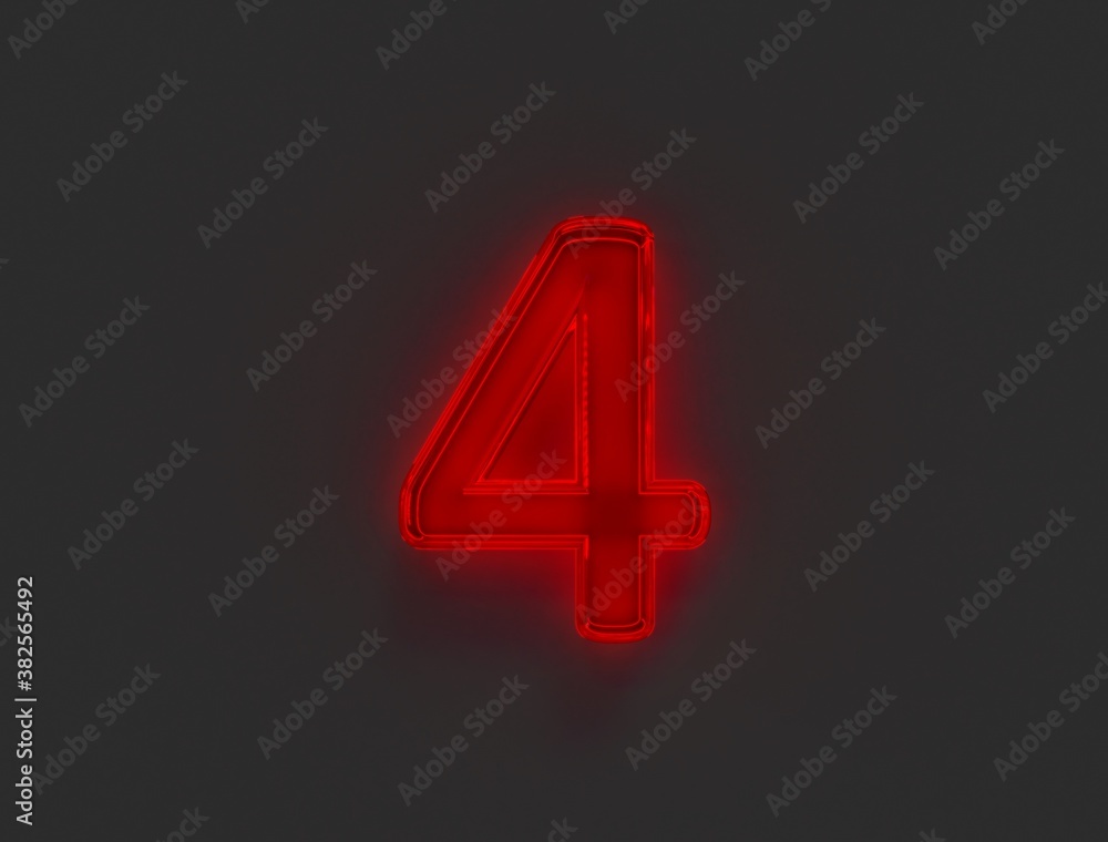 Red shiny neon light glow glassy alphabet - number 4 isolated on grey, 3D illustration of symbols Red shiny neon light glow glassy alphabet - number 4 isolated on grey, 3D illustration of symbols