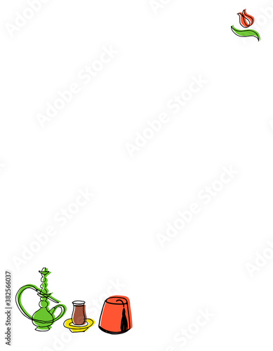 Hand drawn set with elements of Turkish symbols isolated on white background. Template for poster, banner, booklet. Vector illustration for travel agency, print shop